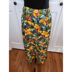 Vintage 90's Yellow/Orange Floral Print Button Up Midi Skirt L Spring Tropical